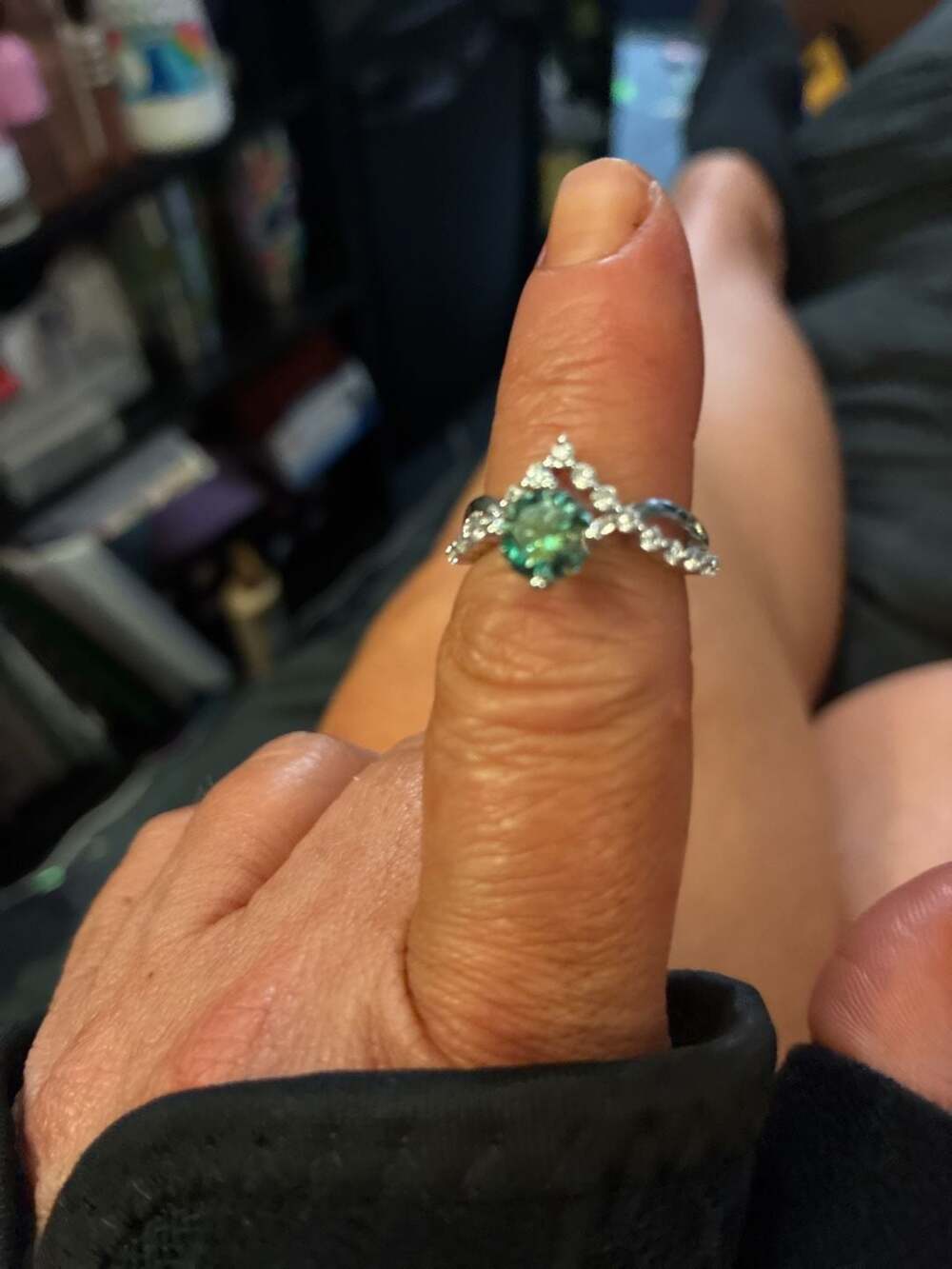 Crown Design Round Cut Teal Green Gemstone Engagement Ring in Sterling Silver